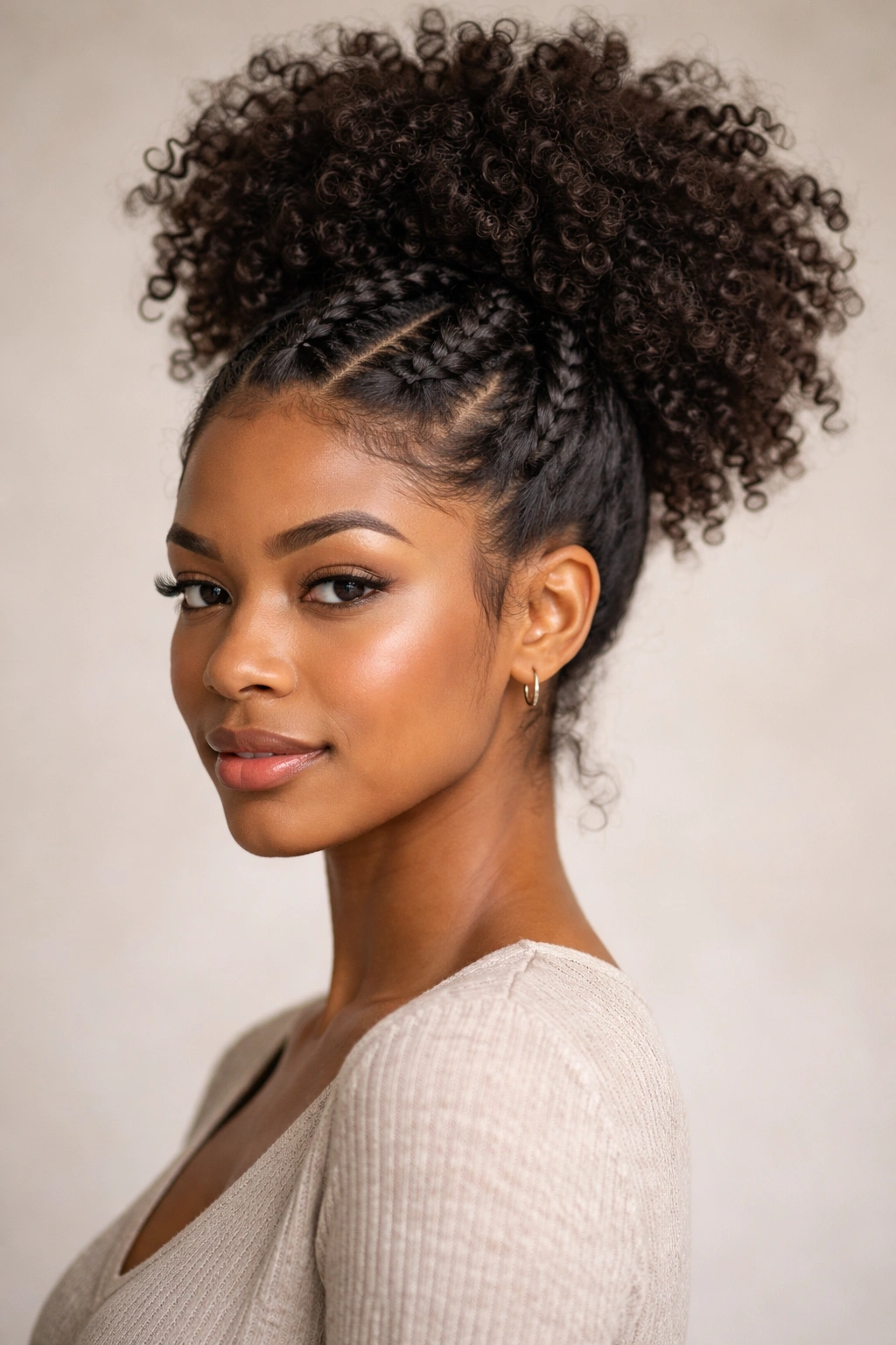 Close-up of a high puff with twisted sections showing texture and volume