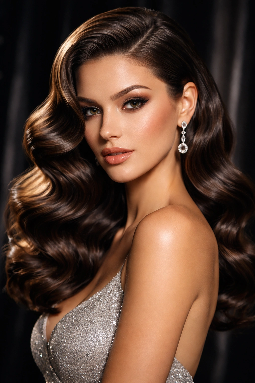 Portrait of a person with deep Hollywood glamour waves and a dramatic side part, no text