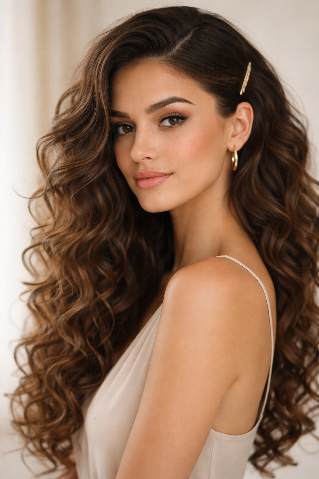 Long curly hair pinned back on one side with the rest flowing in curls