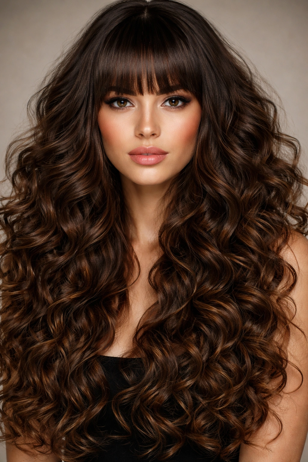 Full head of long curls with blunt straight bangs framing the face