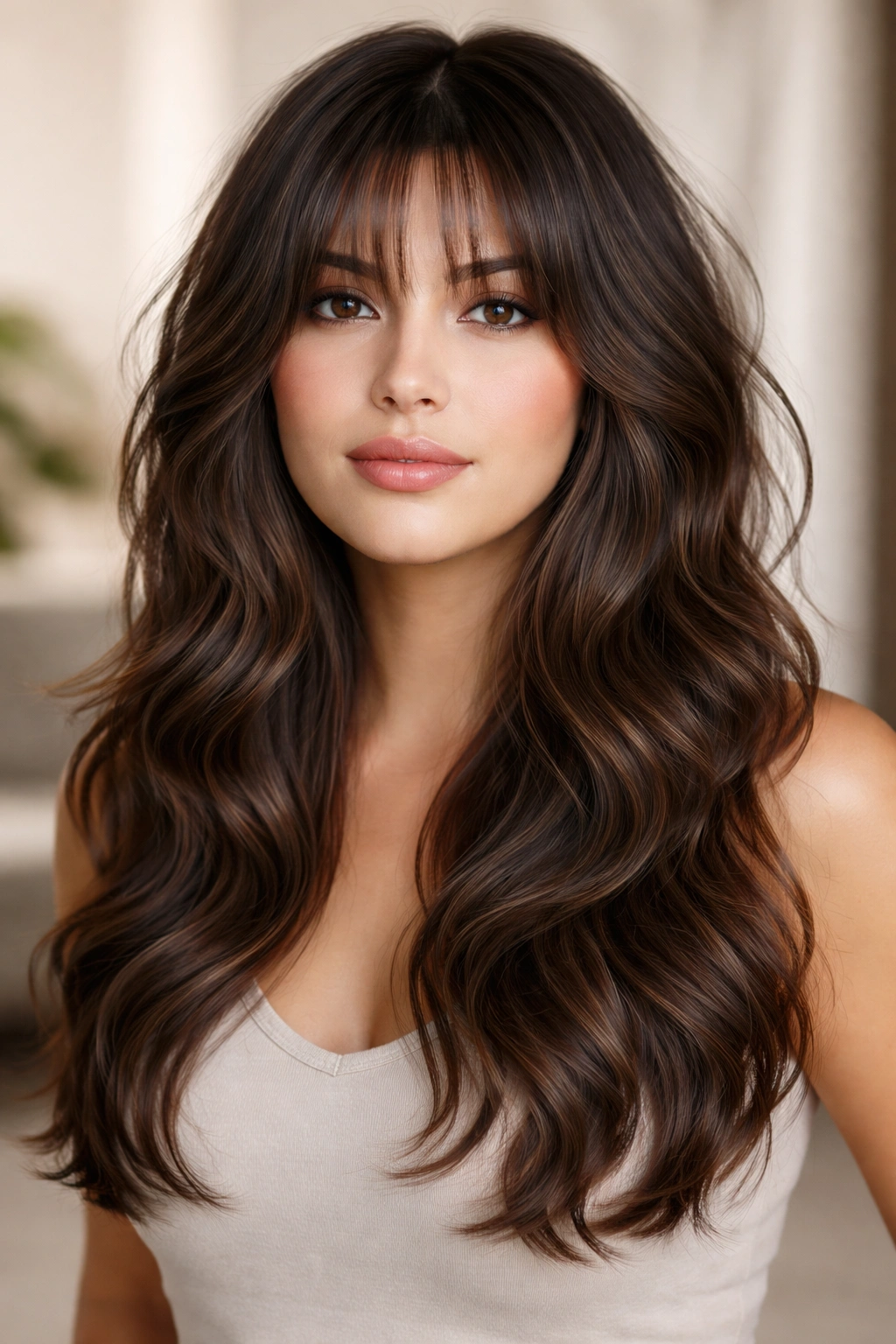 Long layered waves with feathered bangs on a model.