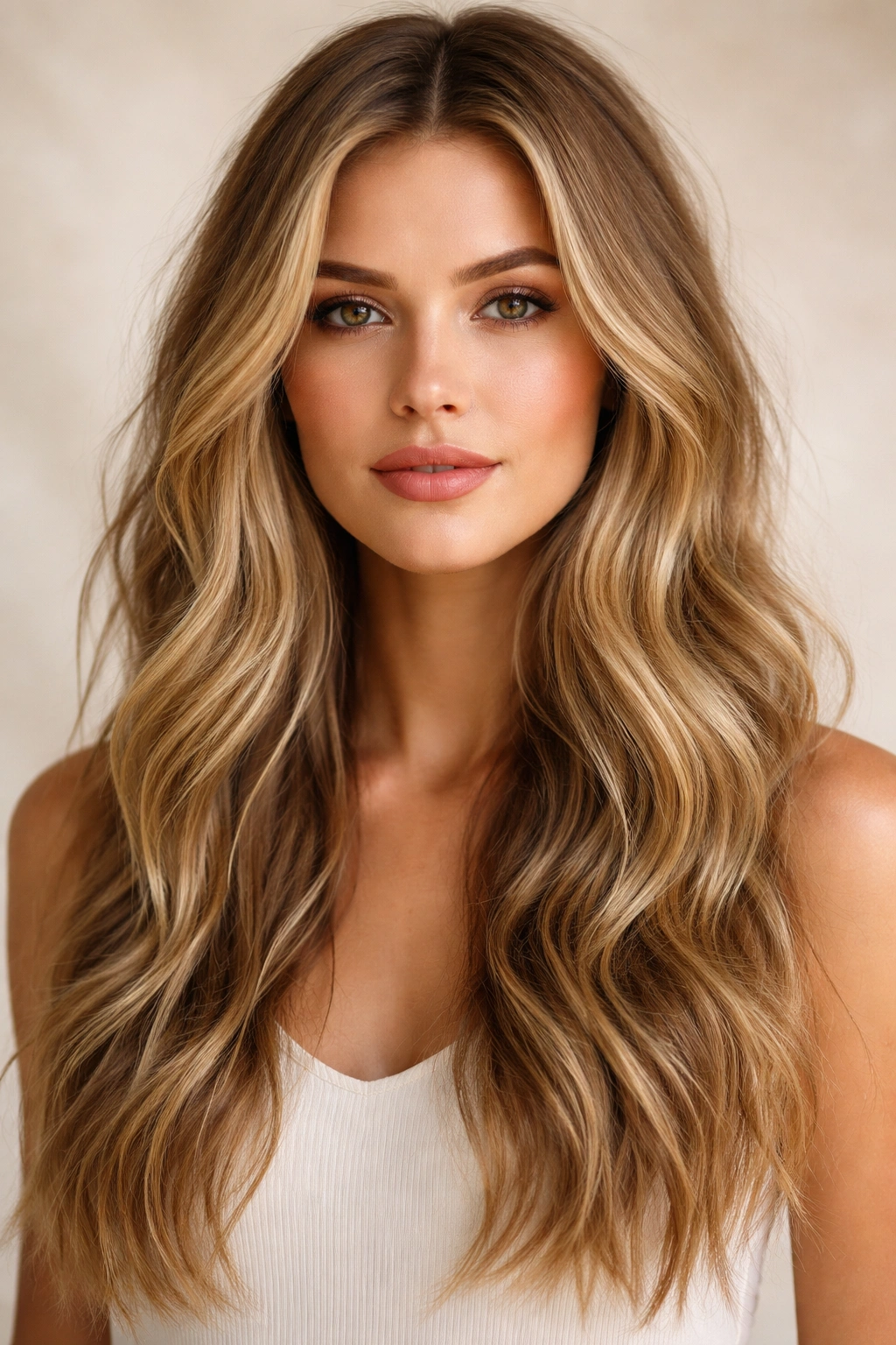 Long beach waves cascade past shoulders on a model, soft, loose texture ideal for square faces