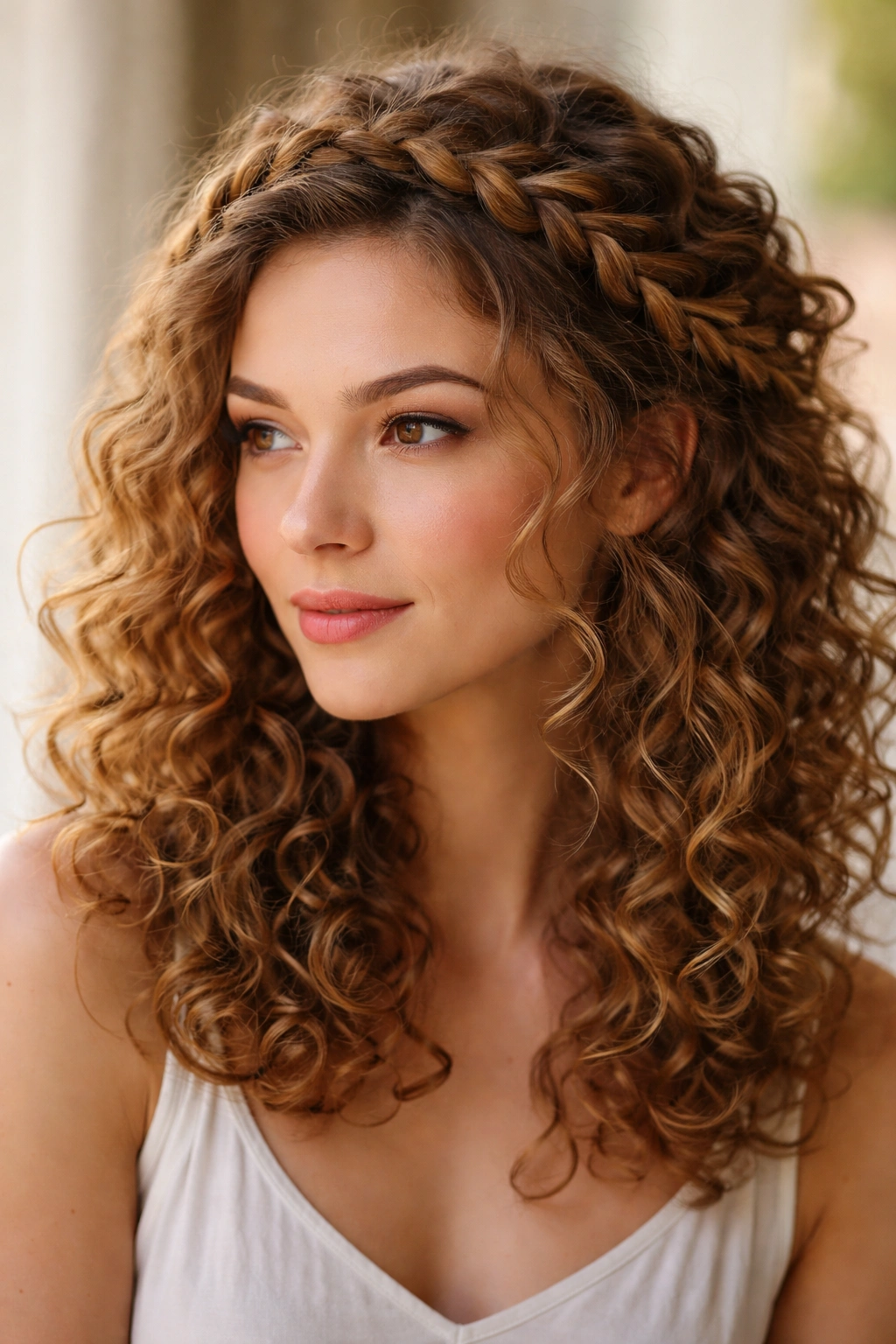 Close-up of a loose braided crown on curly hair