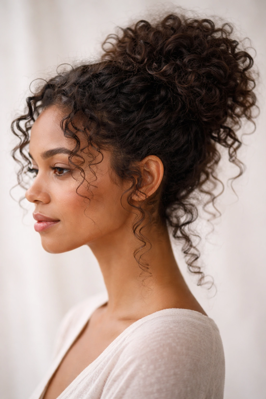 Close-up of a curly-haired individual with a loose textured bun, curls framing the face
