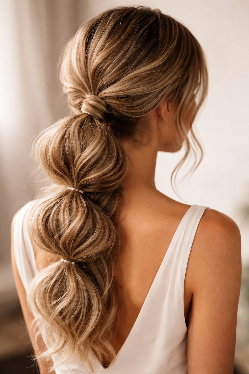 Low bubble ponytail with textured waves at the nape