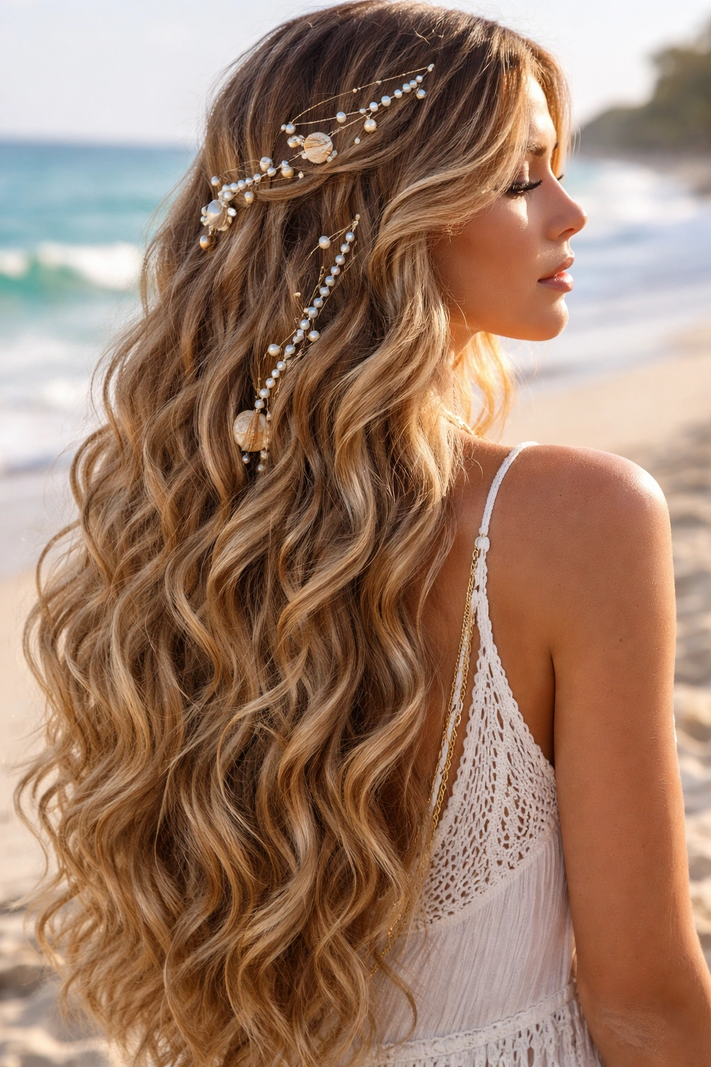 Defined mermaid waves with pearl clips woven through hair on beach