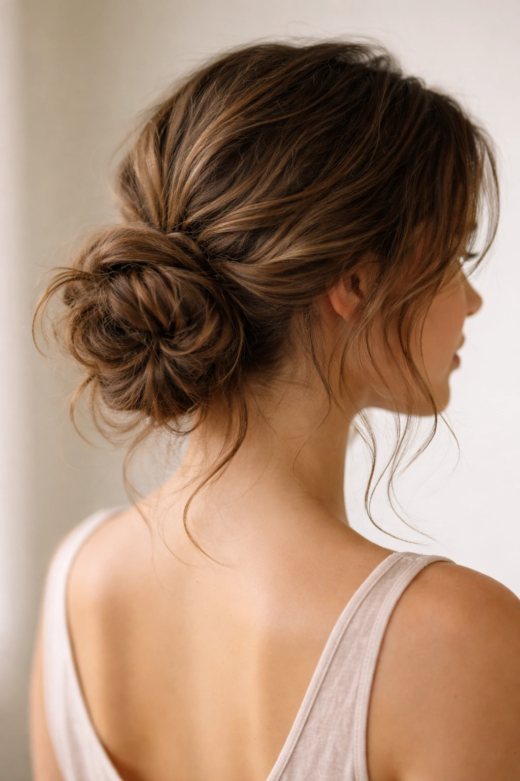 Back view of wavy hair in a messy low bun at the nape