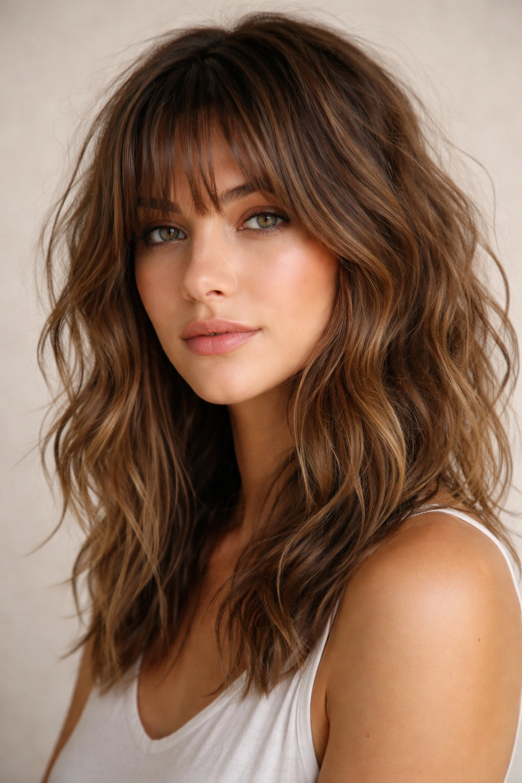 Messy wavy hair with choppy face-framing curtain bangs