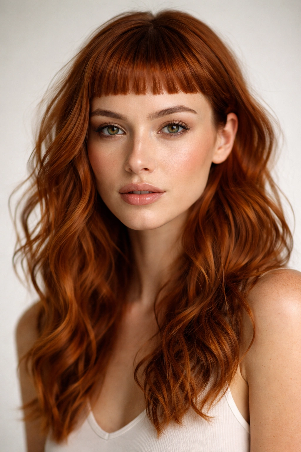 Close-up of a model with micro bangs and ginger waves