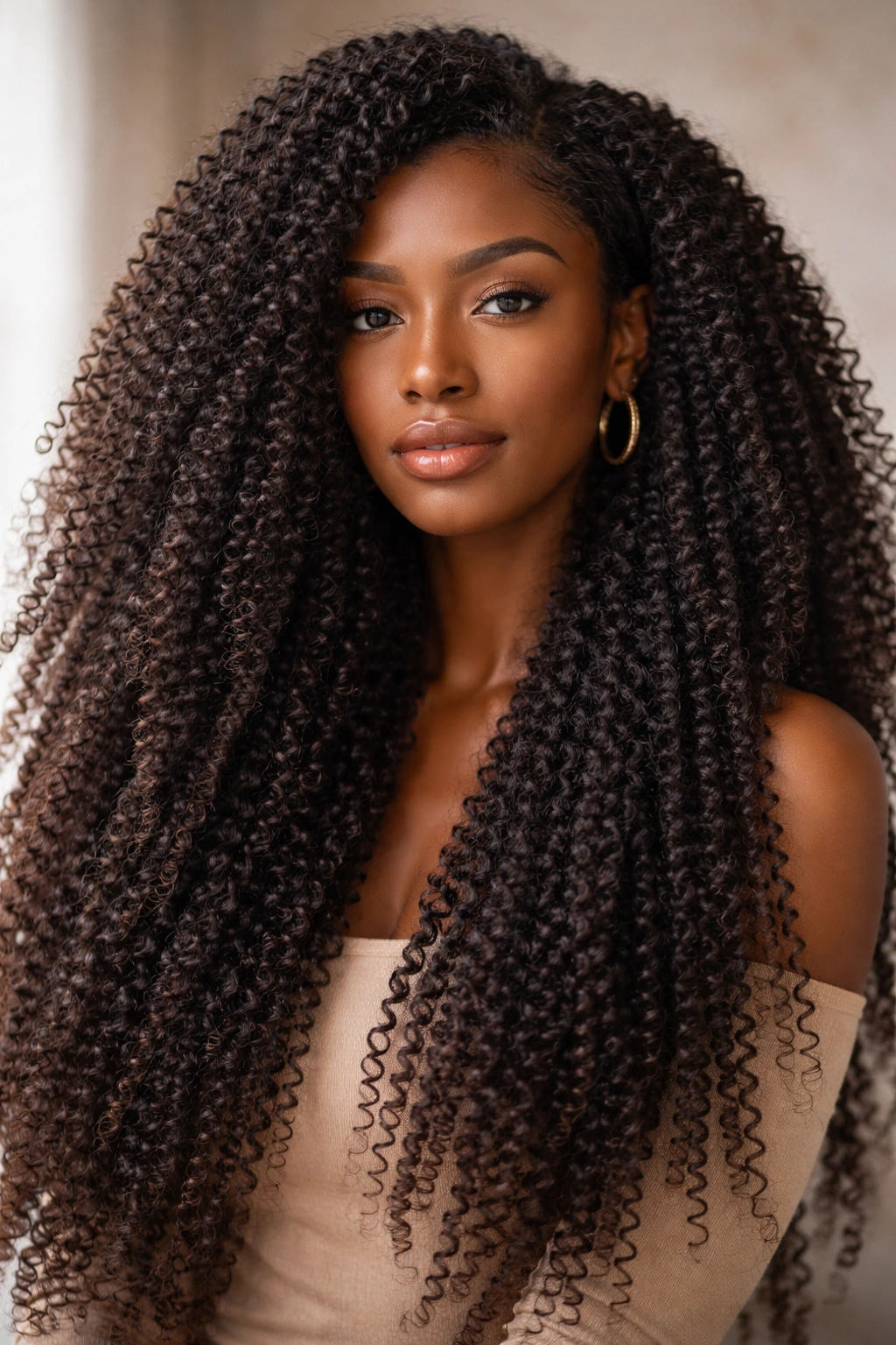 Long natural coily style with defined tight coils