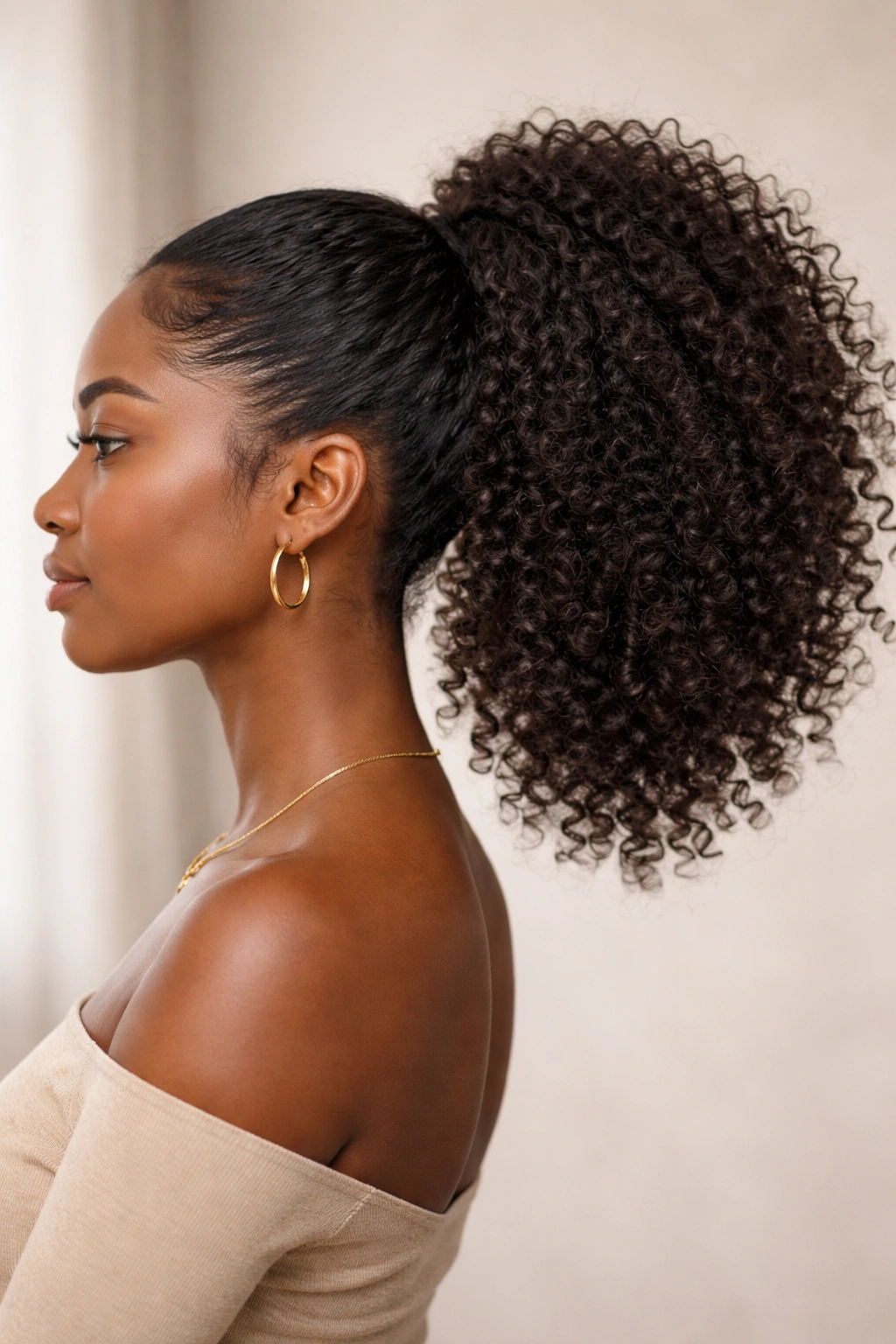 Front view of natural curly ponytail showing defined curls and volume