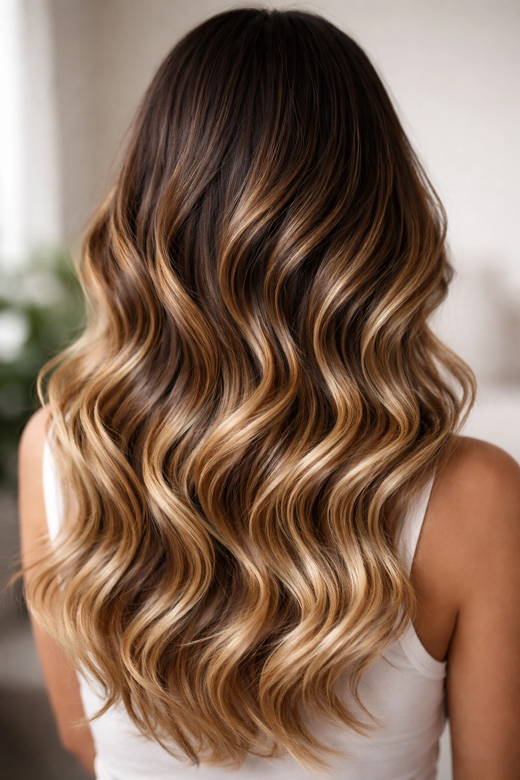 Wavy hair with a maintained ombre gradient and glossy finish