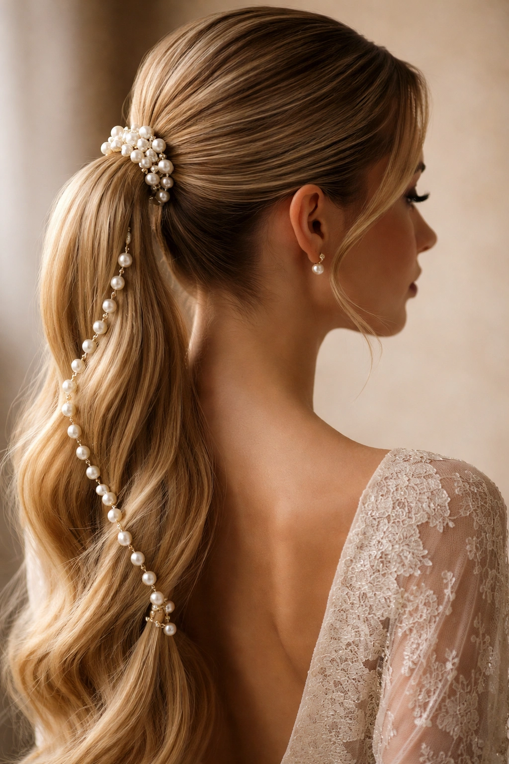 Ponytail with pearl accessories at the base and along the length