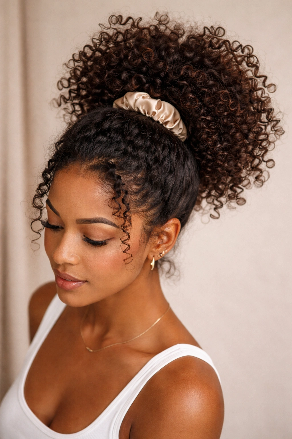 Top view of a pineapple ponytail with voluminous 3b curls on top of the head