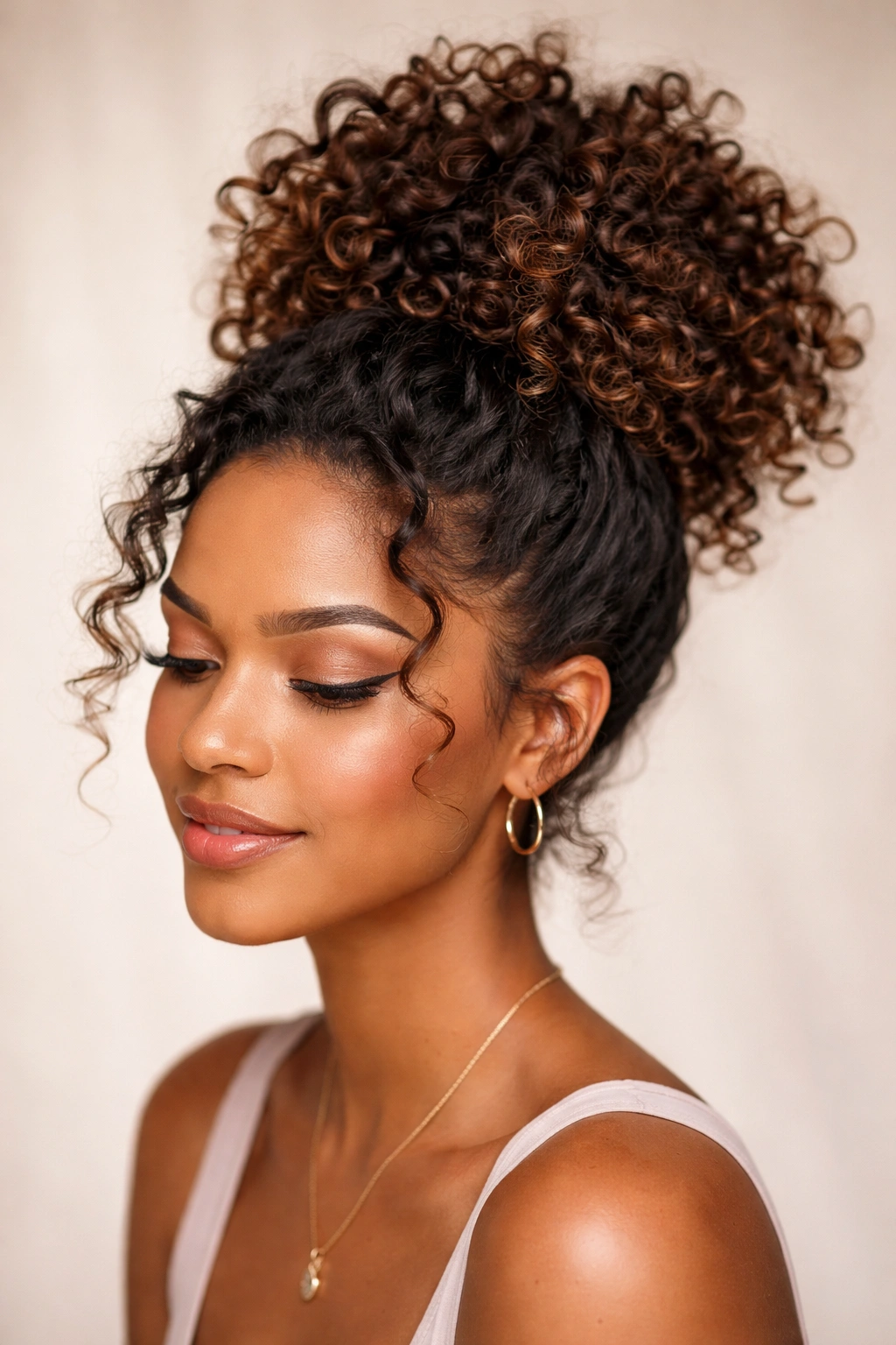 Close-up of a pineapple updo with curls piled on top, crown visible