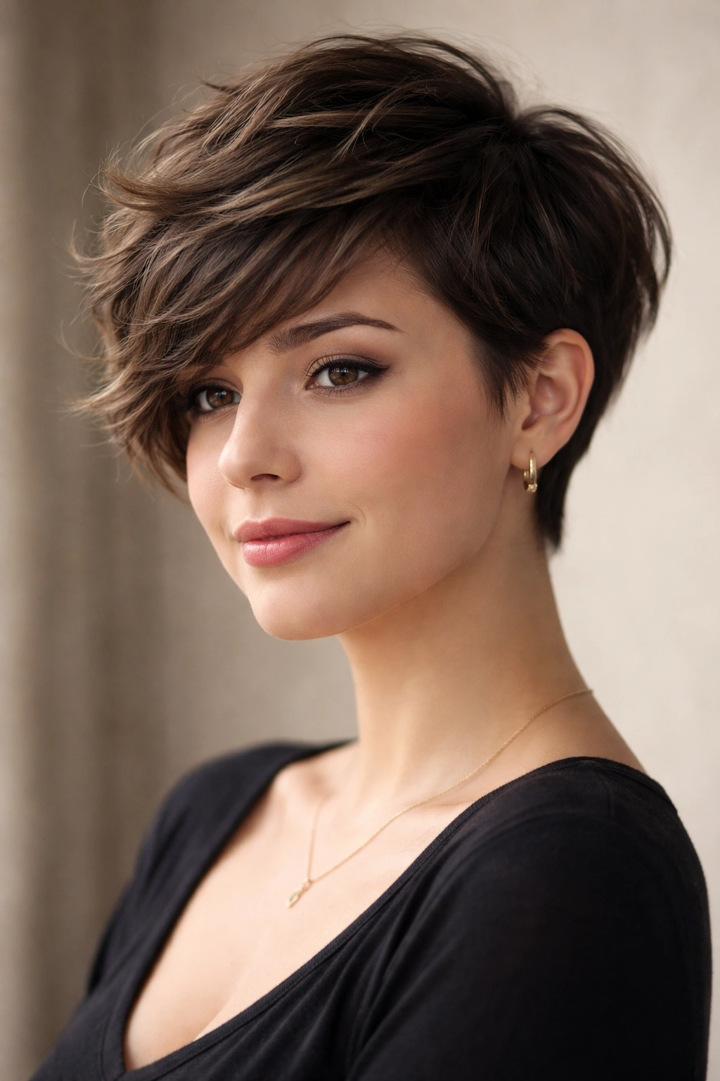Close-up of side-swept textured pixie hairstyle on a round-face silhouette
