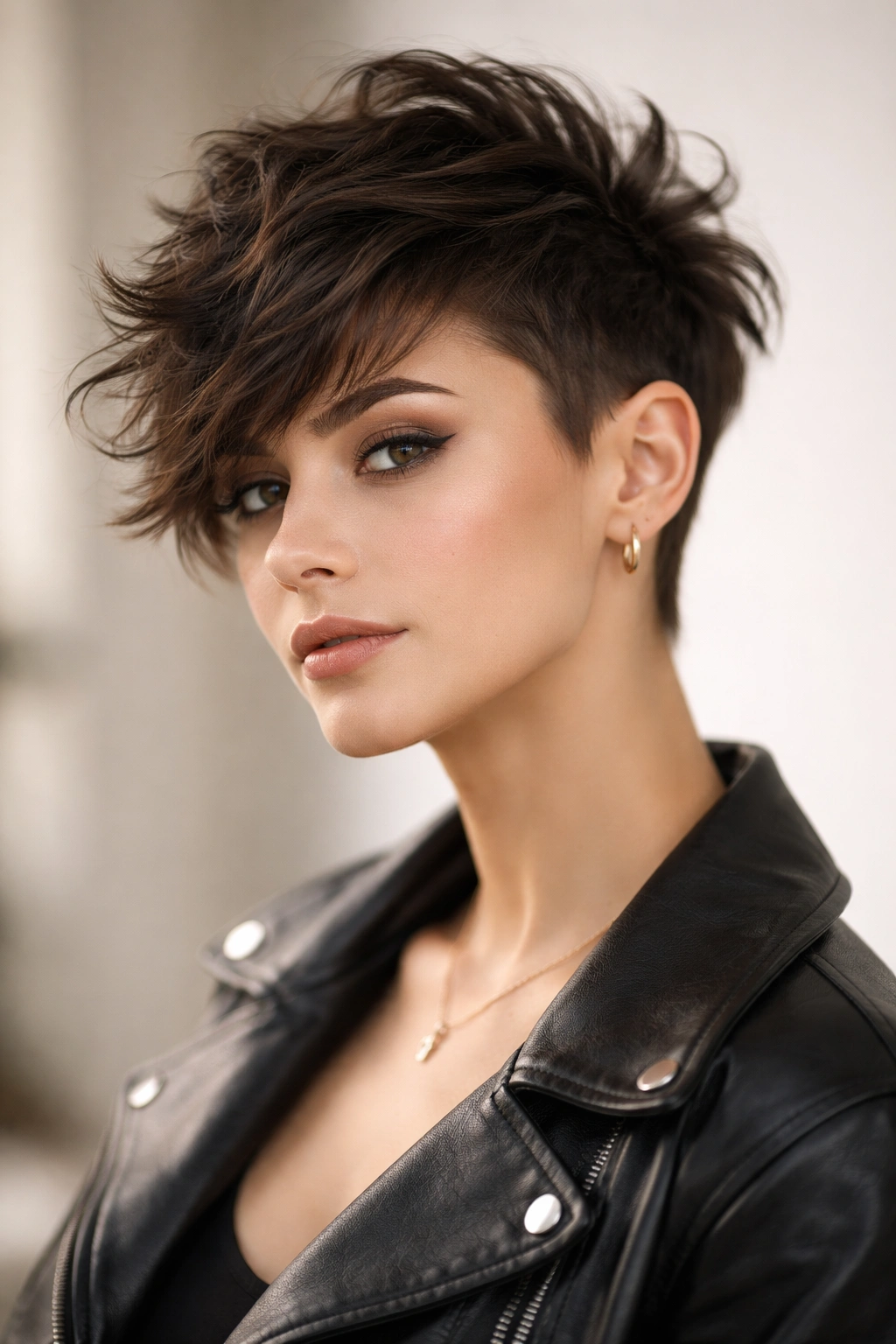 Portrait of a person with a pixie-wolf hybrid hairstyle featuring short sides and a wavy top