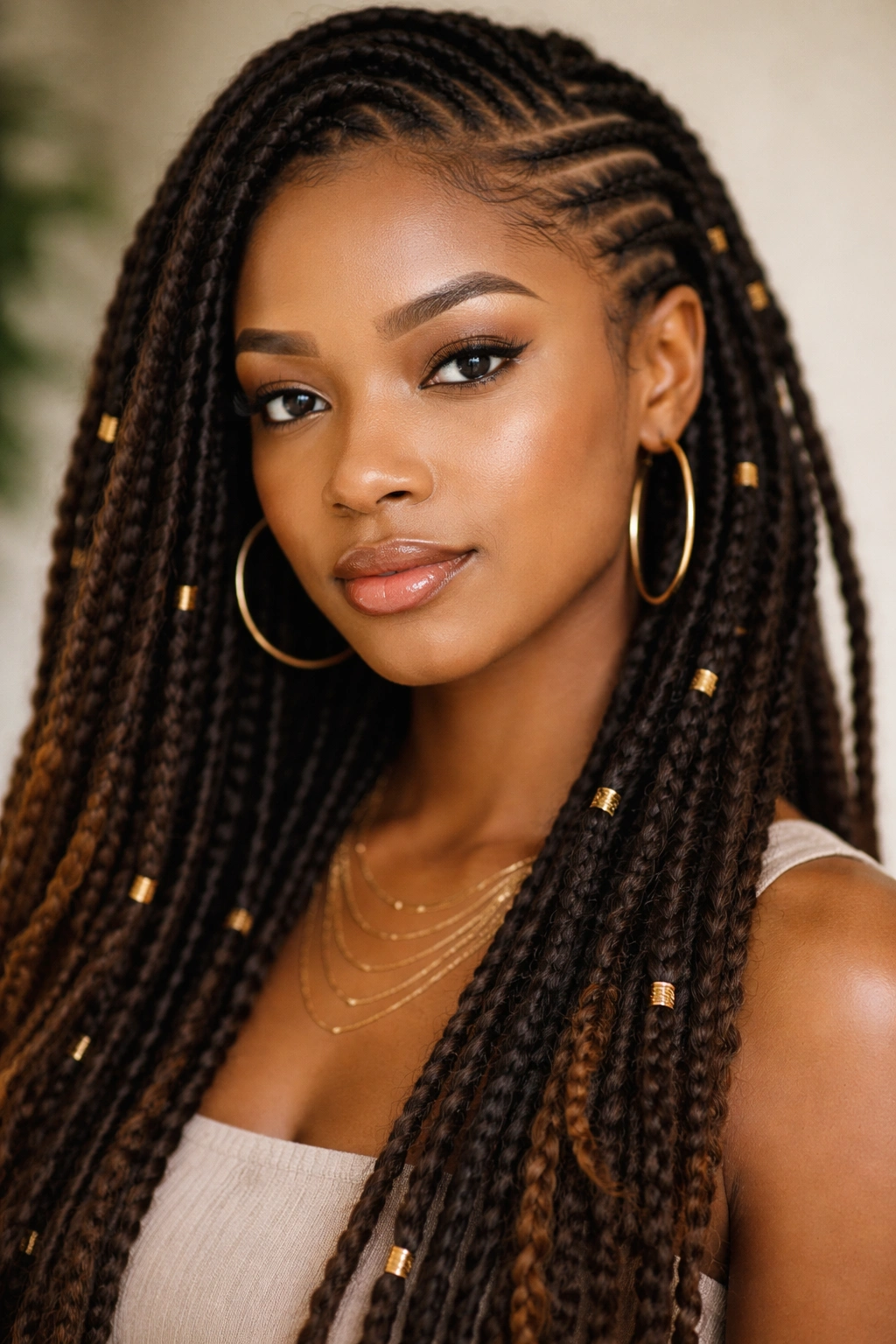 Close-up portrait of a person with locs and protective braids in a neutral studio backdrop