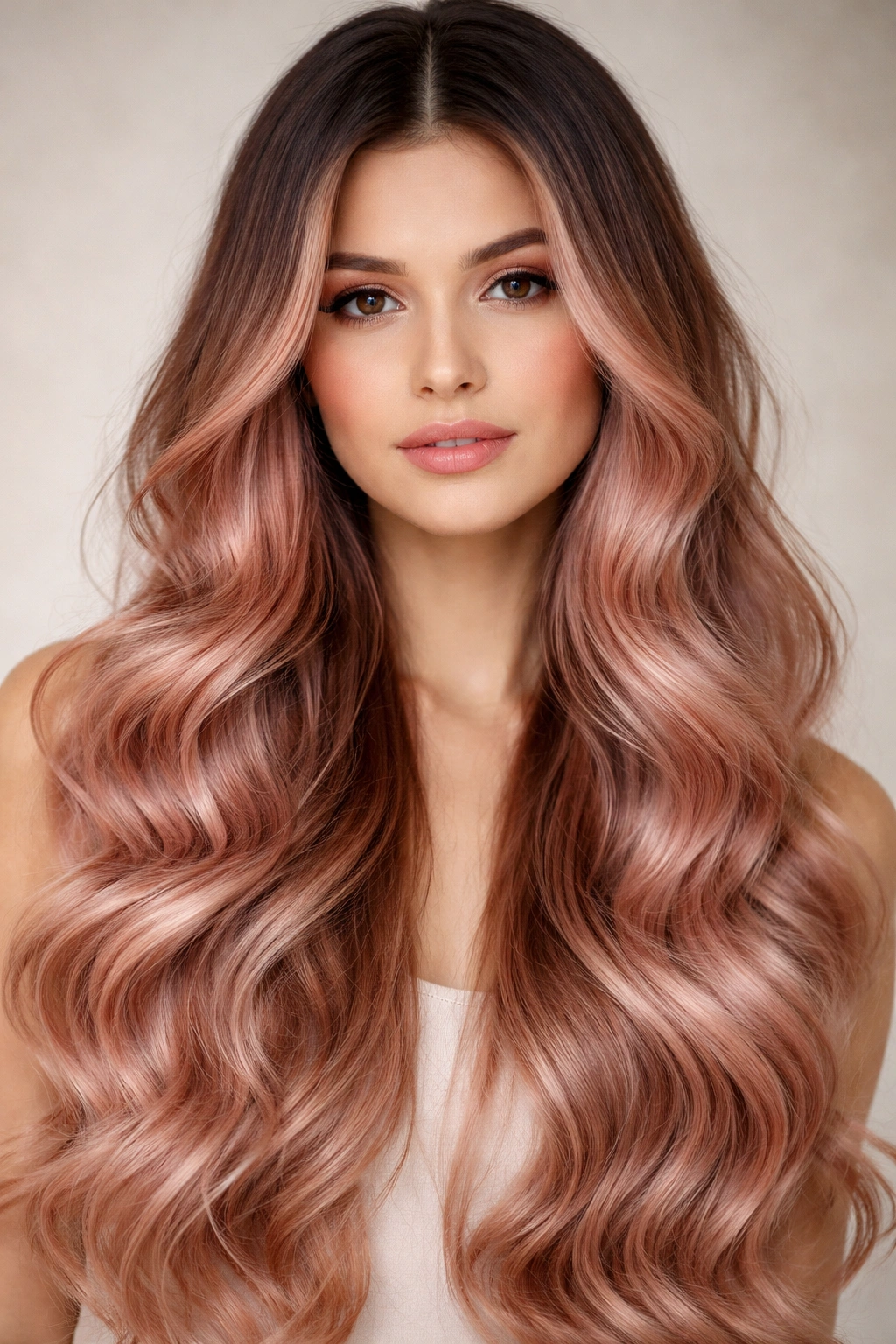 Rose gold waves with darker roots framing the face and glossy texture