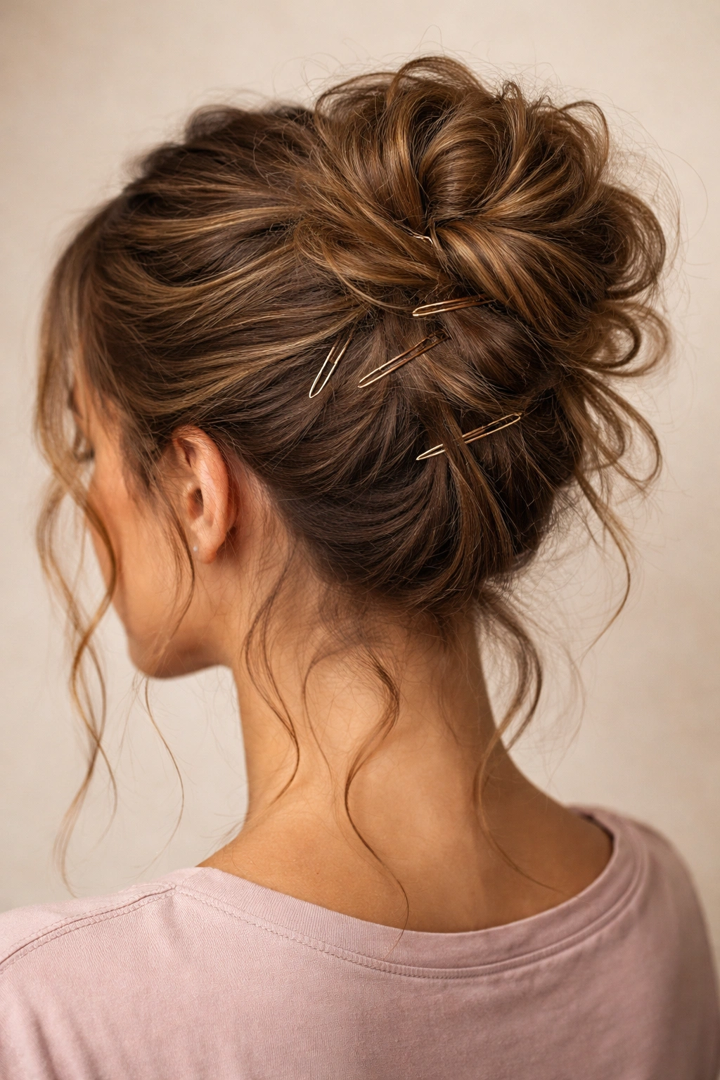 Close-up of a secured messy bun with pins and face-framing strands