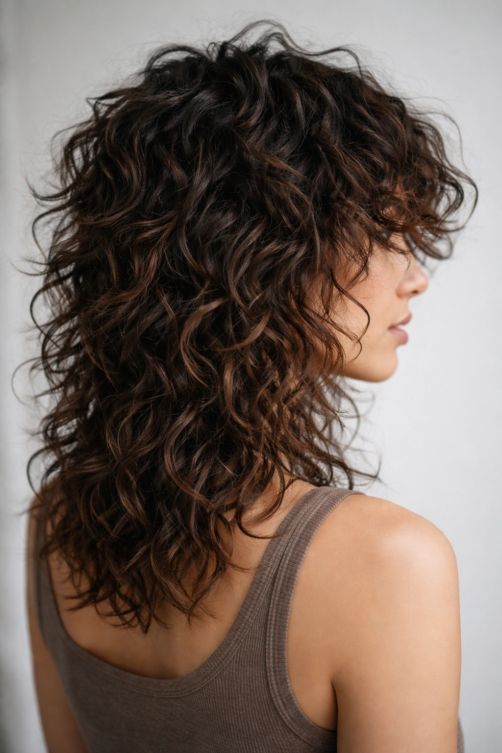 Close portrait of curly hair with shag layers and textured ends