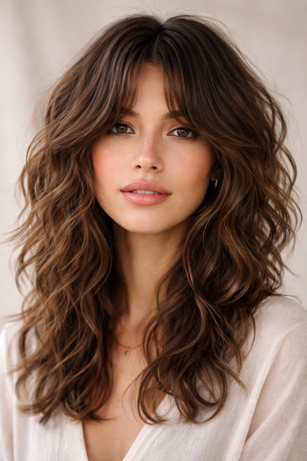 Close-up of a textured shag cut with center-parted curtain bangs on wavy hair in a studio.