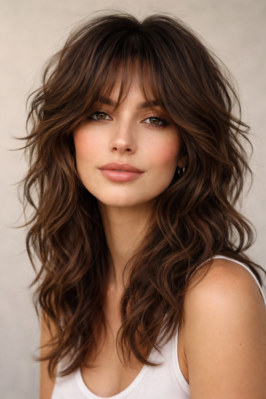 Close-up of textured, wavy hair with shag layers and crown volume.