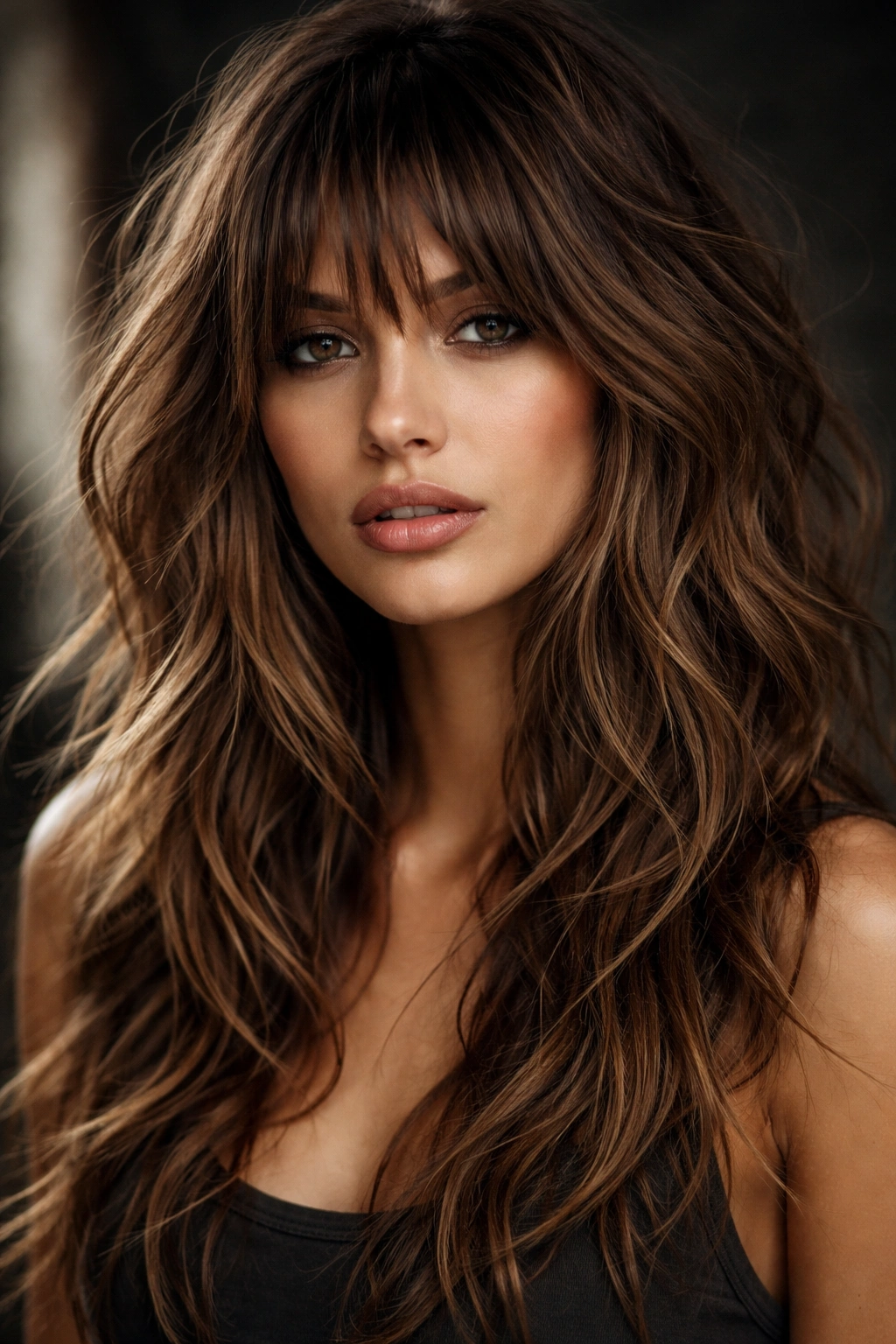 Shaggy bangs with choppy layers on a model, textured edgy look