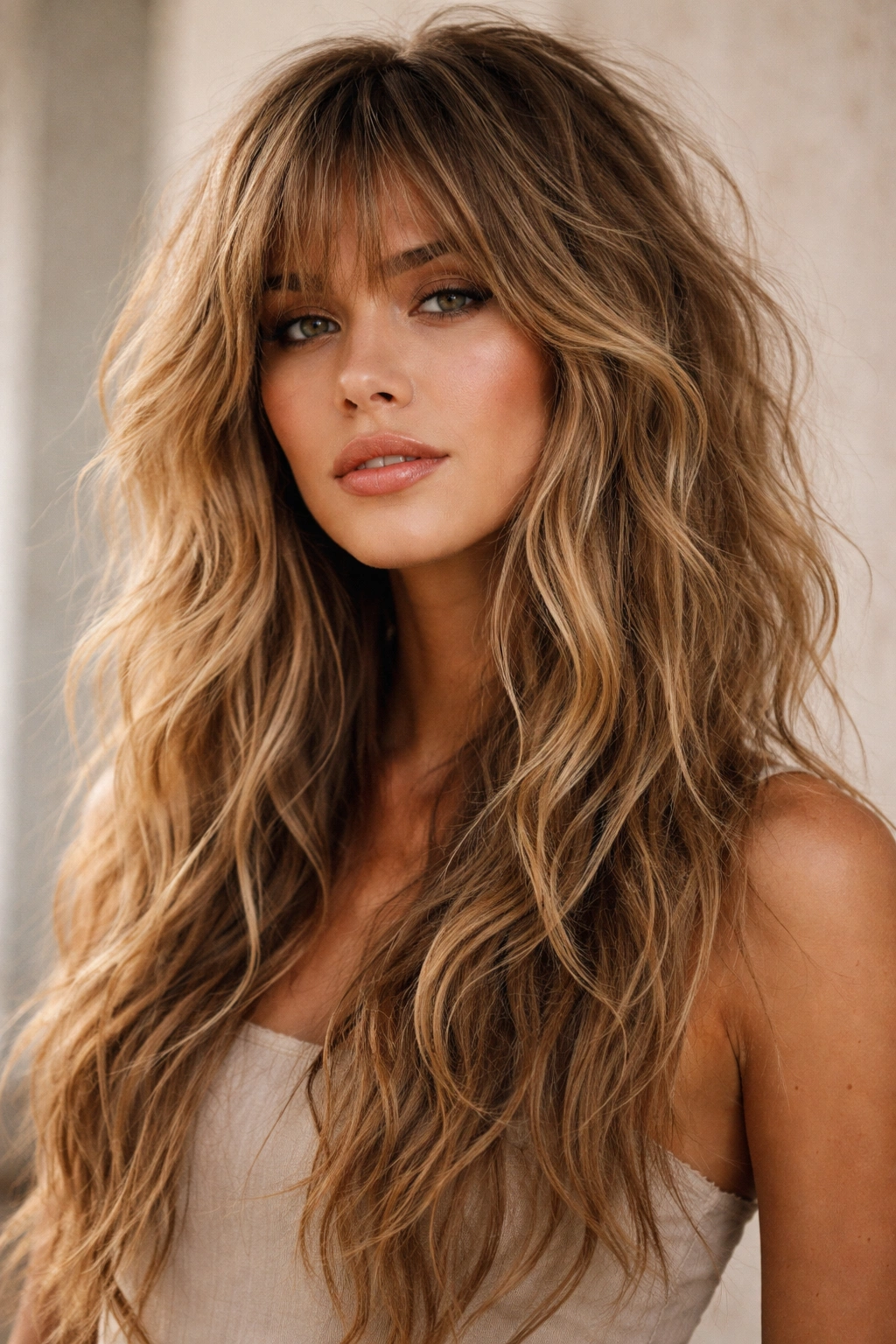 Close-up portrait showing shaggy beach wave wolf cut with high crown layers.
