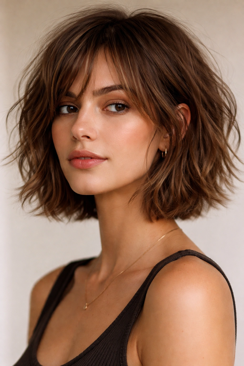 Portrait of a person with a chin-length shaggy bob and textured layers