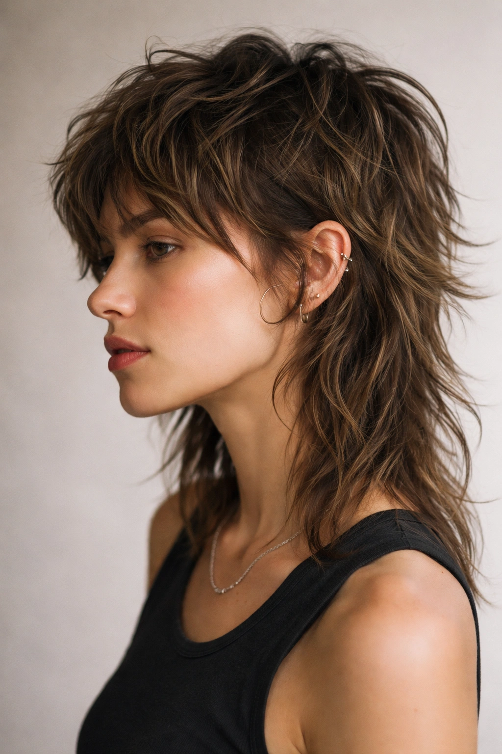 Side profile view of a shaggy short mullet with layered top and longer back.