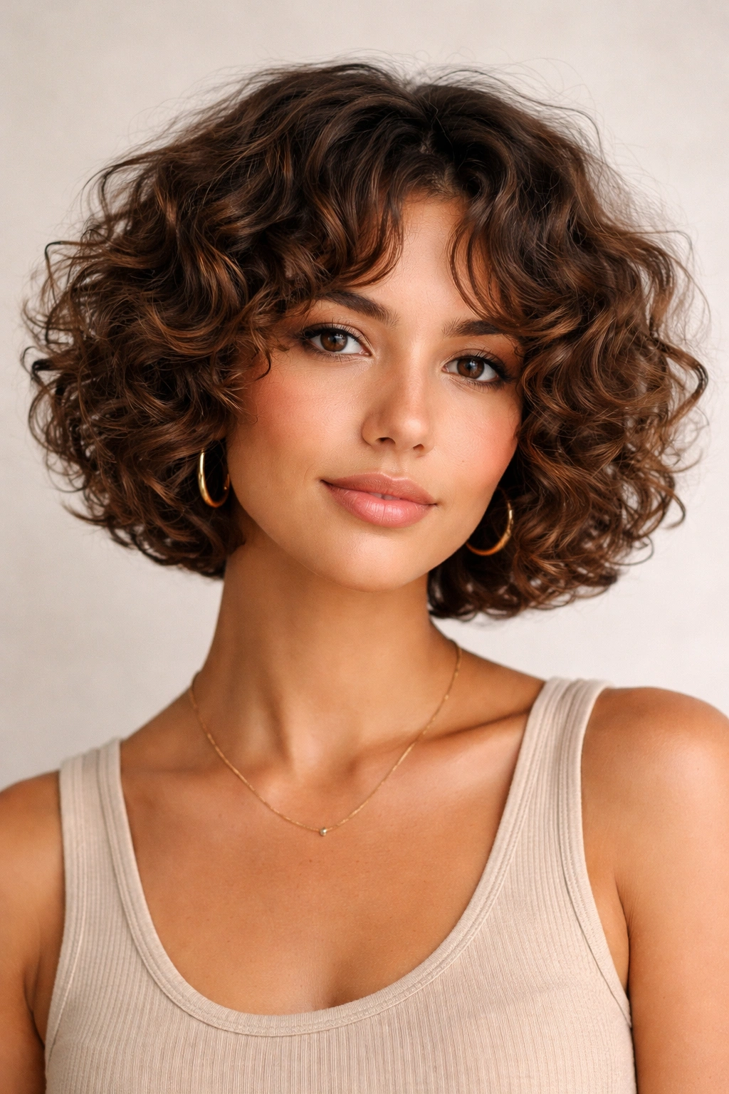 Portrait of a person with a short curly bob showing layered curls and rounded perimeter