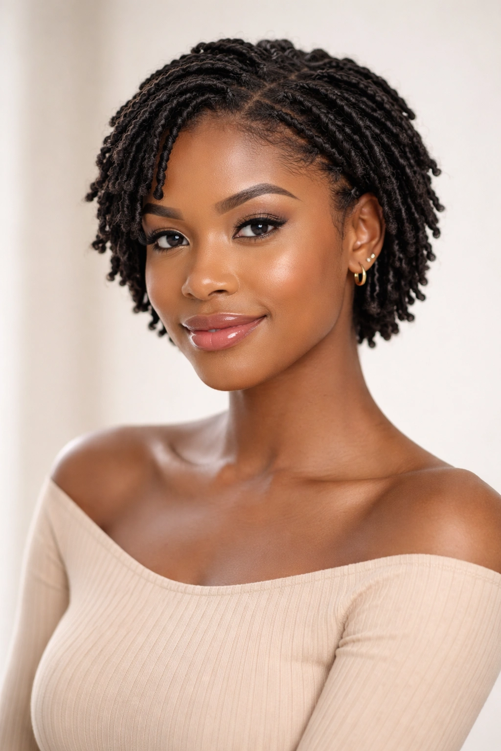 Close-up of short locs with neatly formed coils in a clean studio portrait