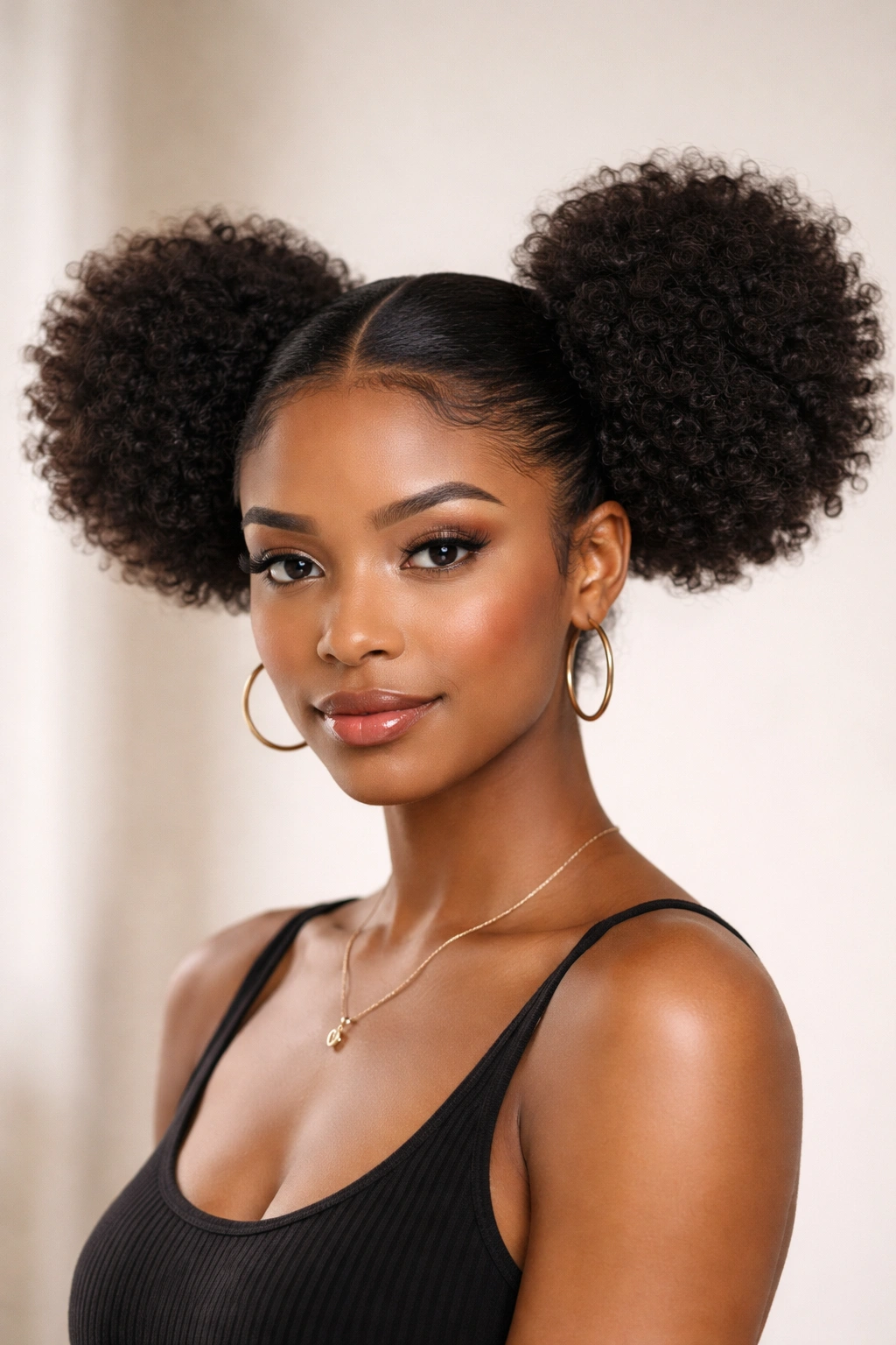 Side-by-Side Puffs hairstyle with puffs on both sides at ear level creating a wide silhouette.