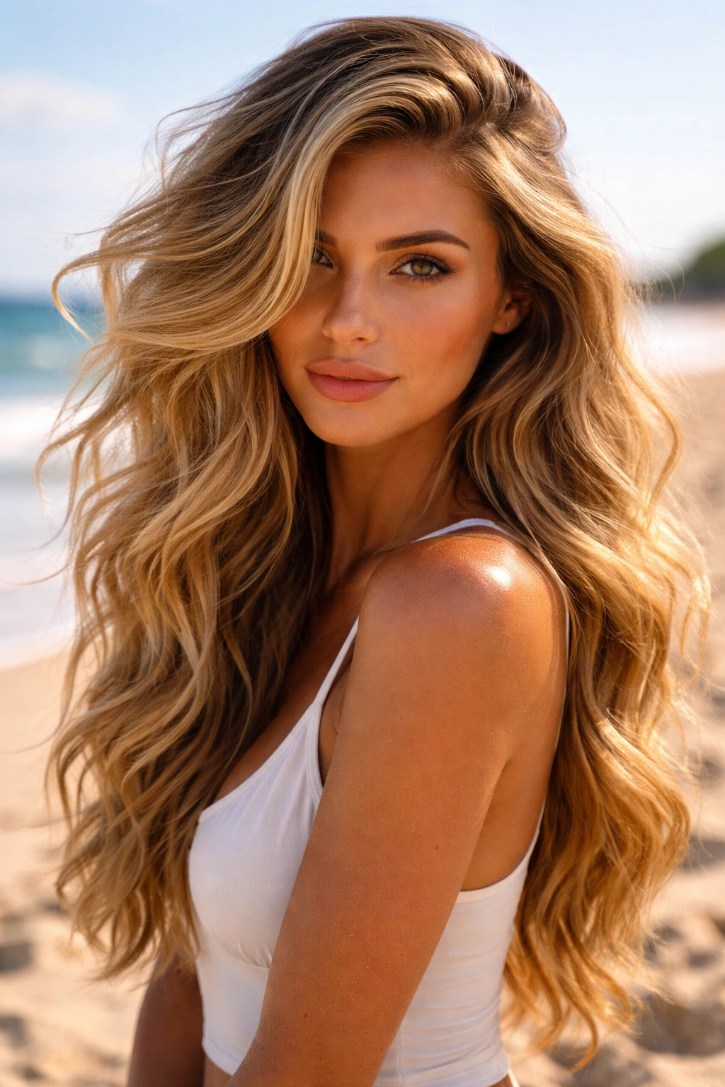 Side-parted voluminous beach waves with crown lift