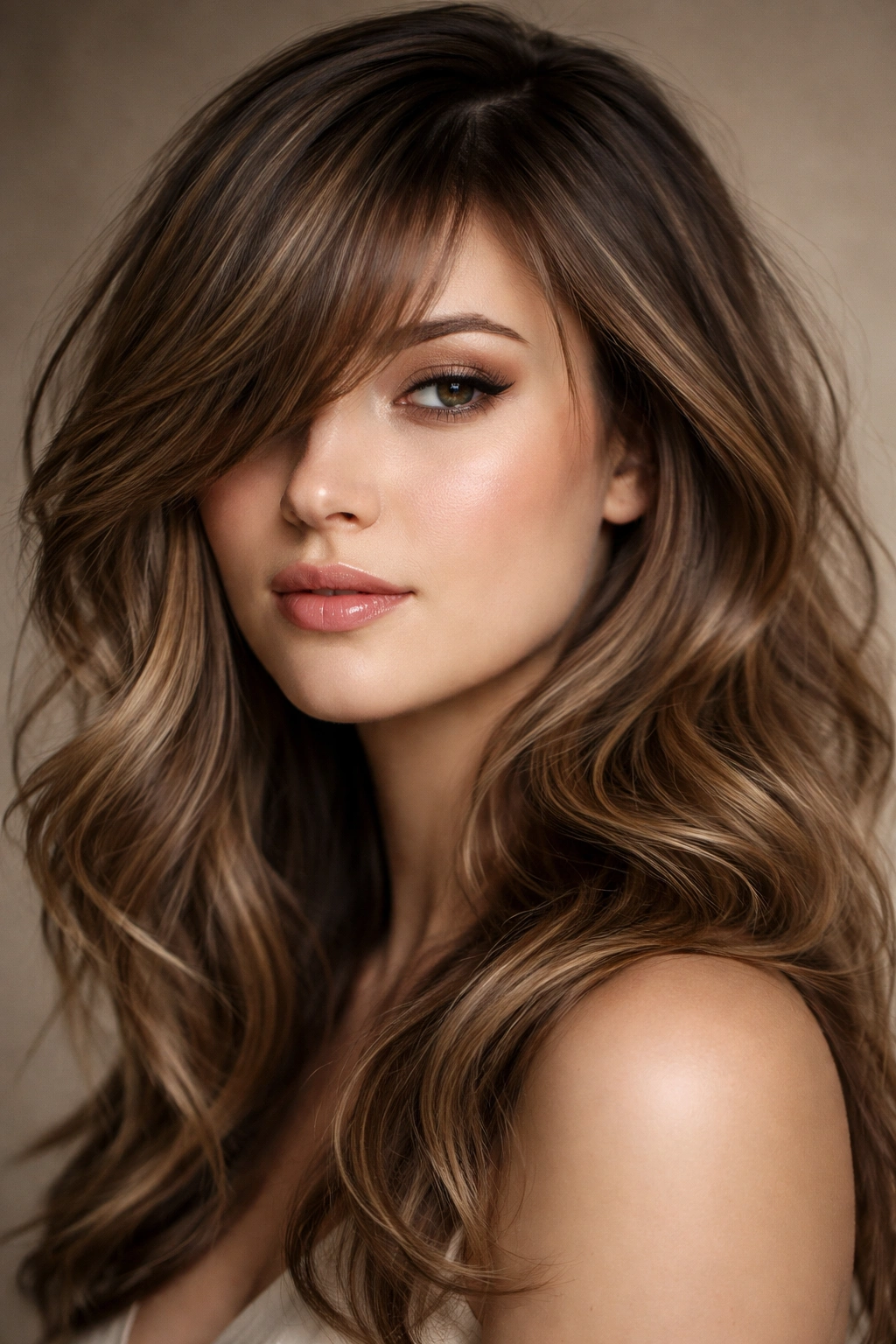 Profile portrait showing side-swept bangs and tousled waves.