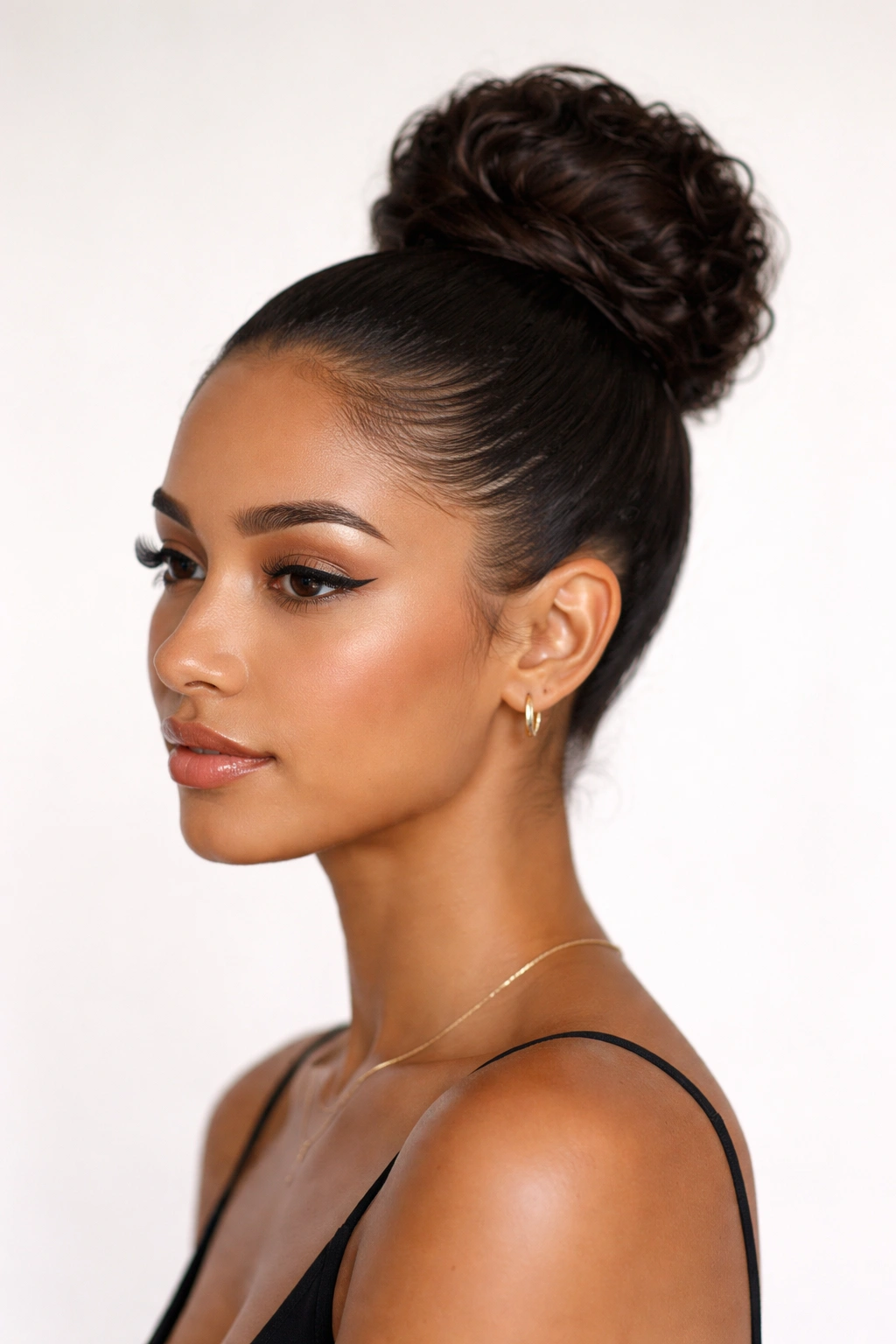 Sleek high bun on curly hair with smooth, glossy finish.