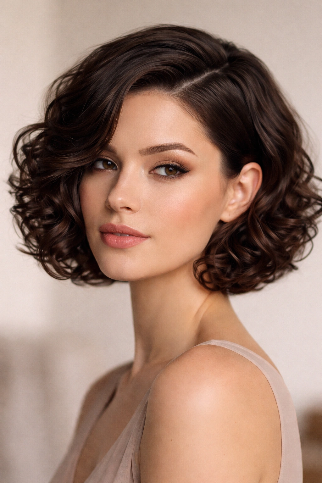 Sleek curly bob with a dramatic side part and defined curls