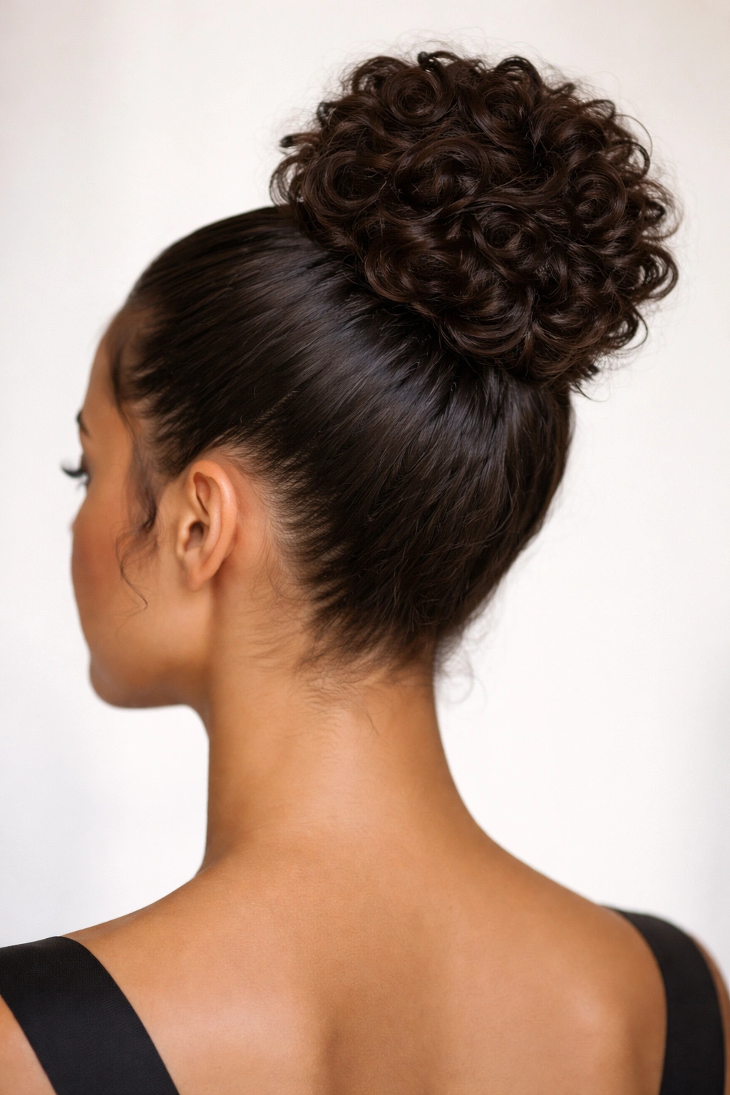 Back view of a high curly bun with smooth front sections