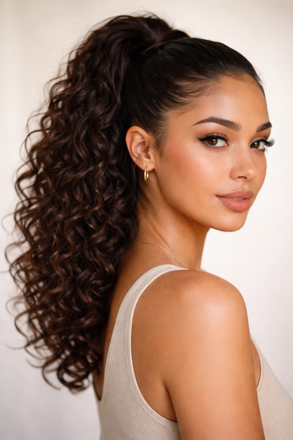 Close-up portrait of a person with a sleek high ponytail showing voluminous crown curls