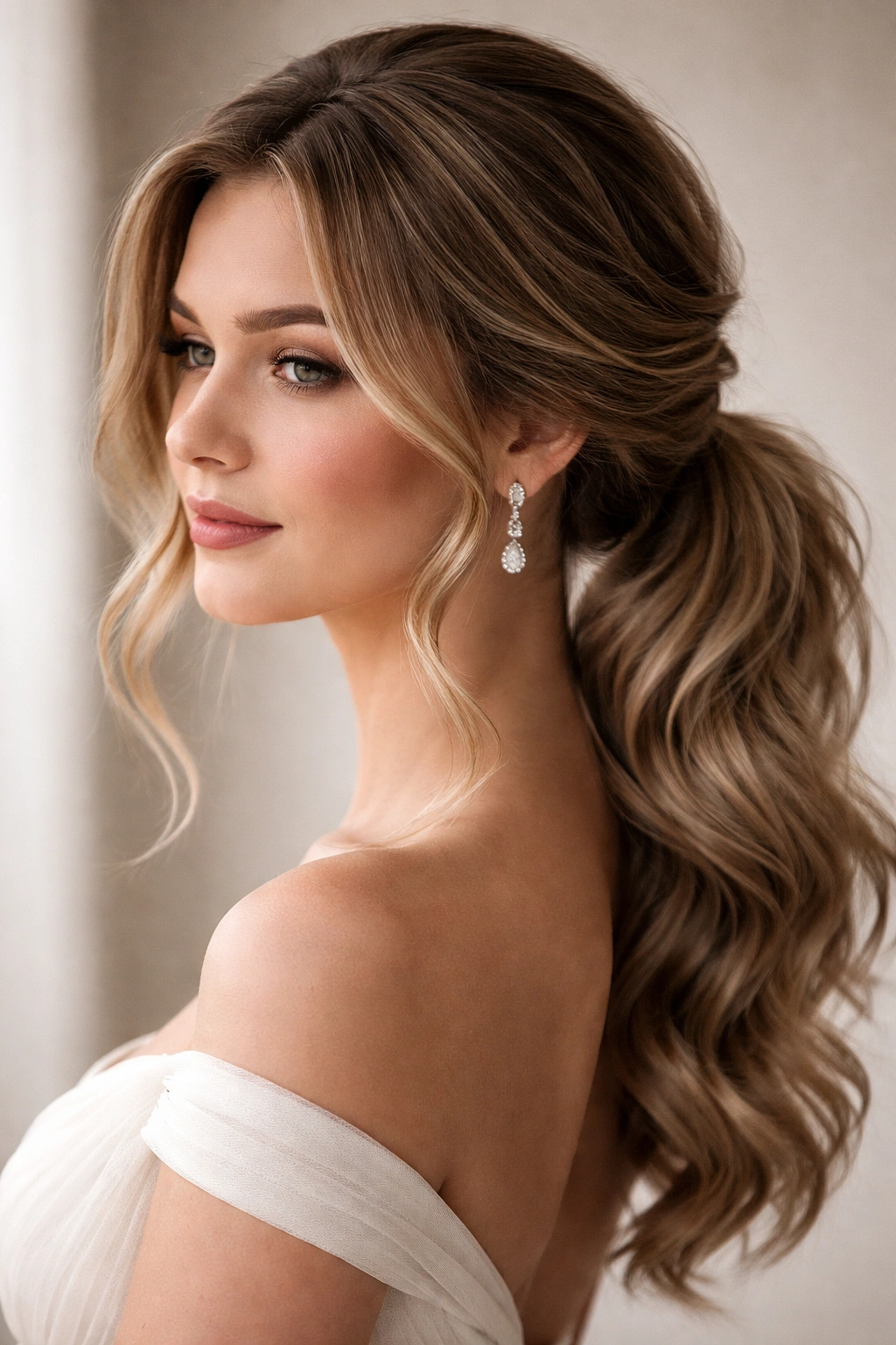 Soft side waves with low ponytail hairstyle with face-framing curls