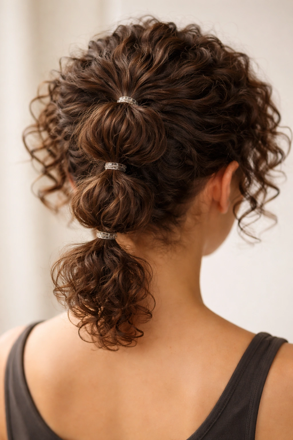 Back view close-up of a short curly hairstyle with three stacked bubble ponytails