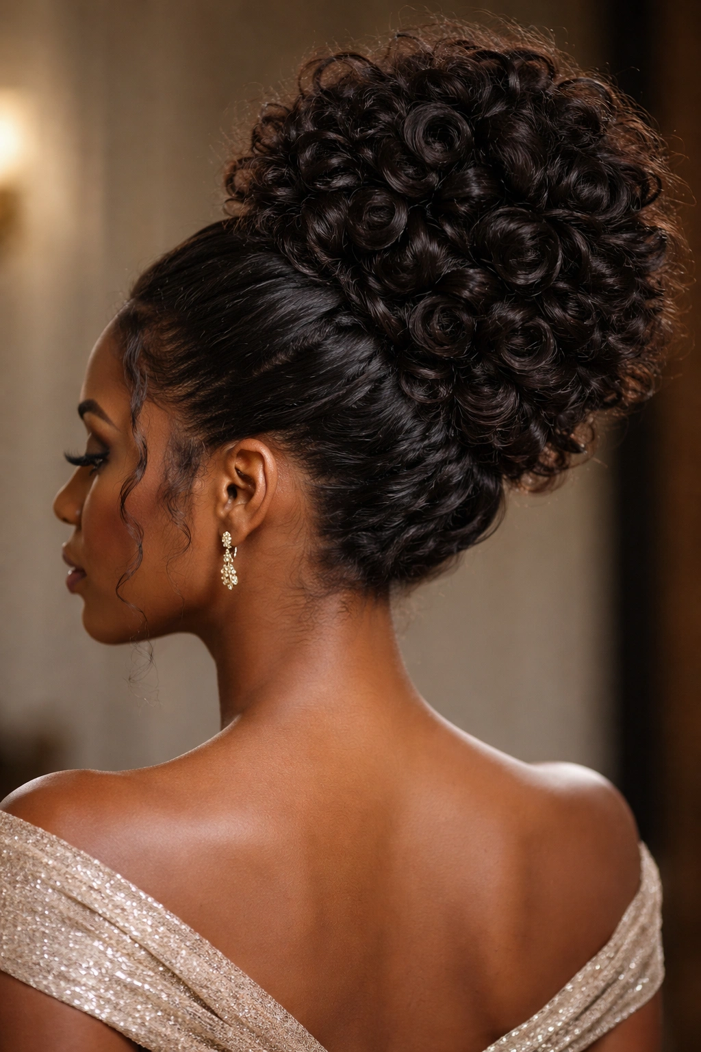 Stacked curls updo with multiple stacked tiers at the crown