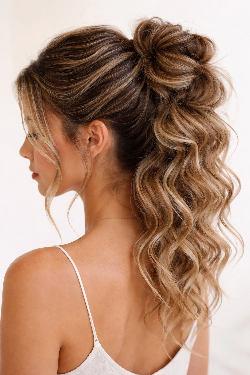 Stacked waves ponytail bun with cascading waves