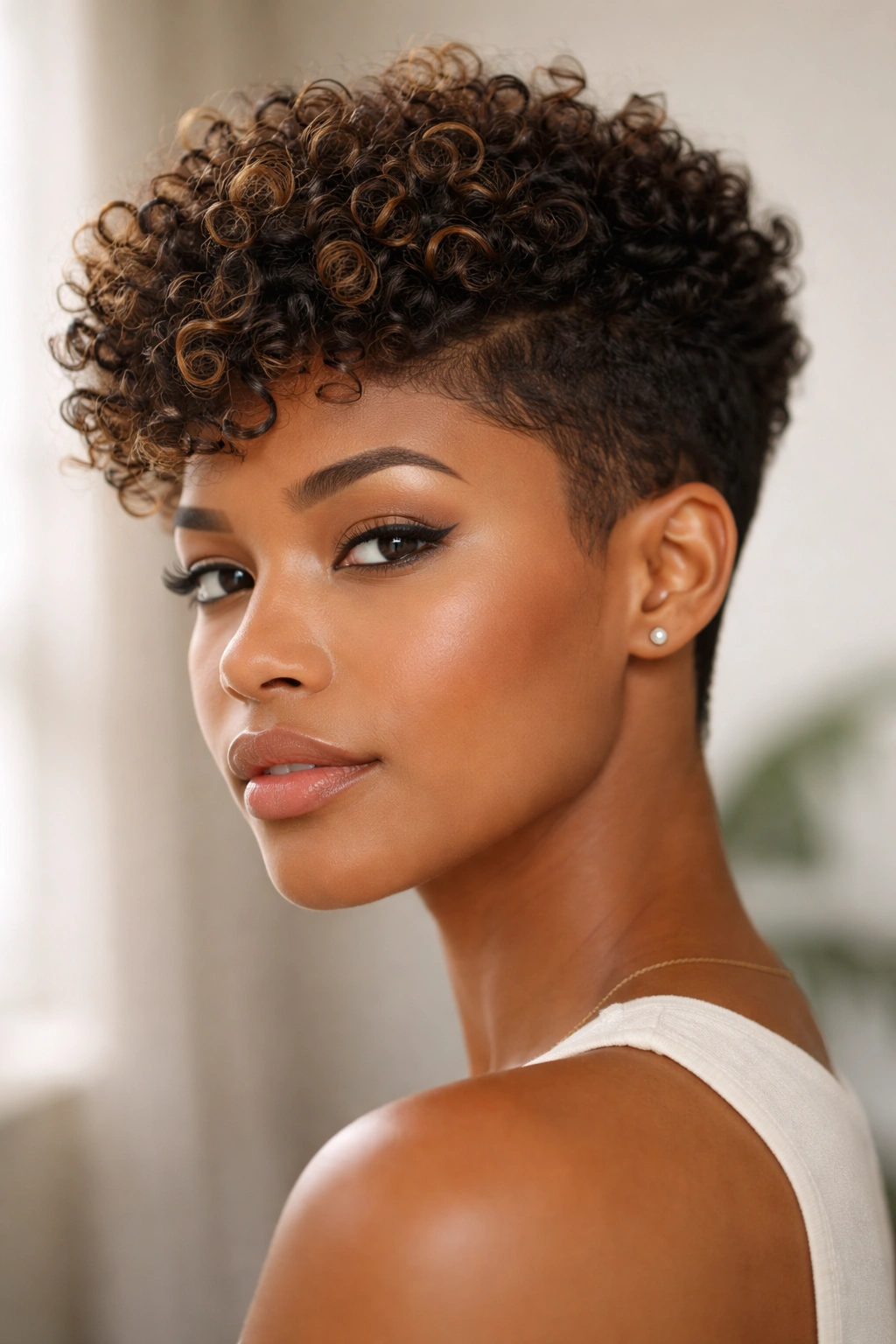 Close-up portrait of a person with a tapered pixie cut, showing shorter sides and longer curls on top.