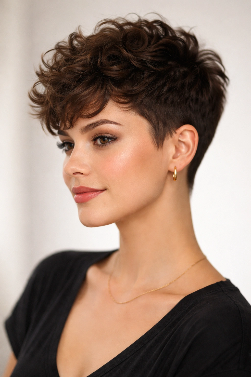 Textured pixie with longer top showing crown height and curl texture