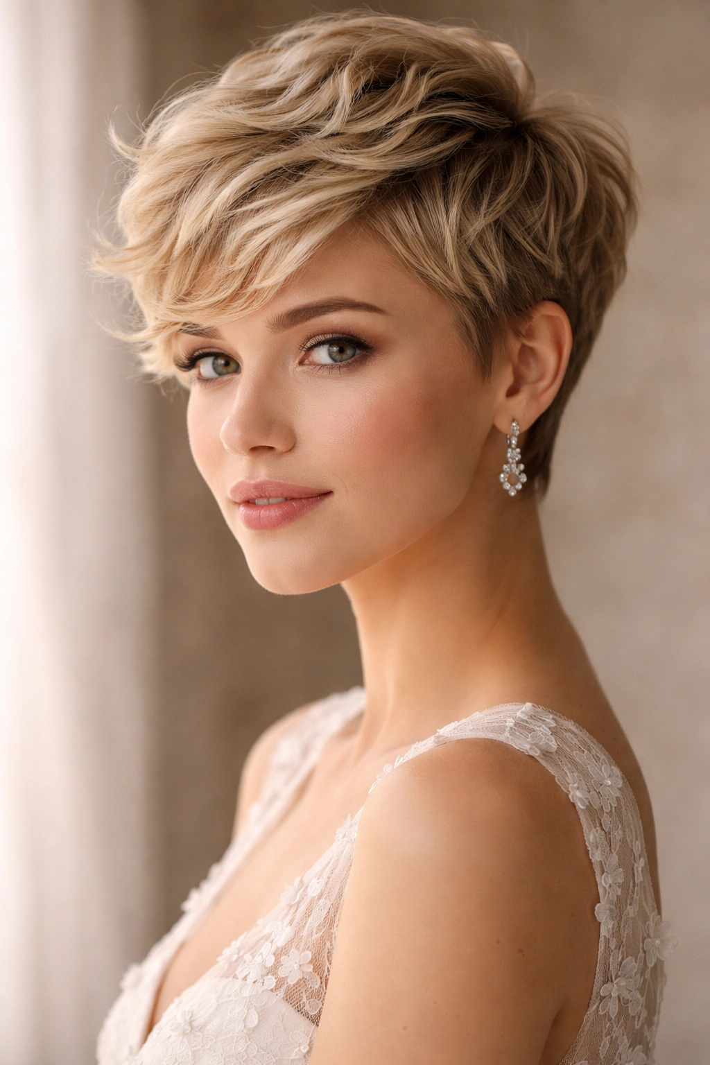 Close-up of a textured pixie with soft waves, wedding hairstyle focusing on texture