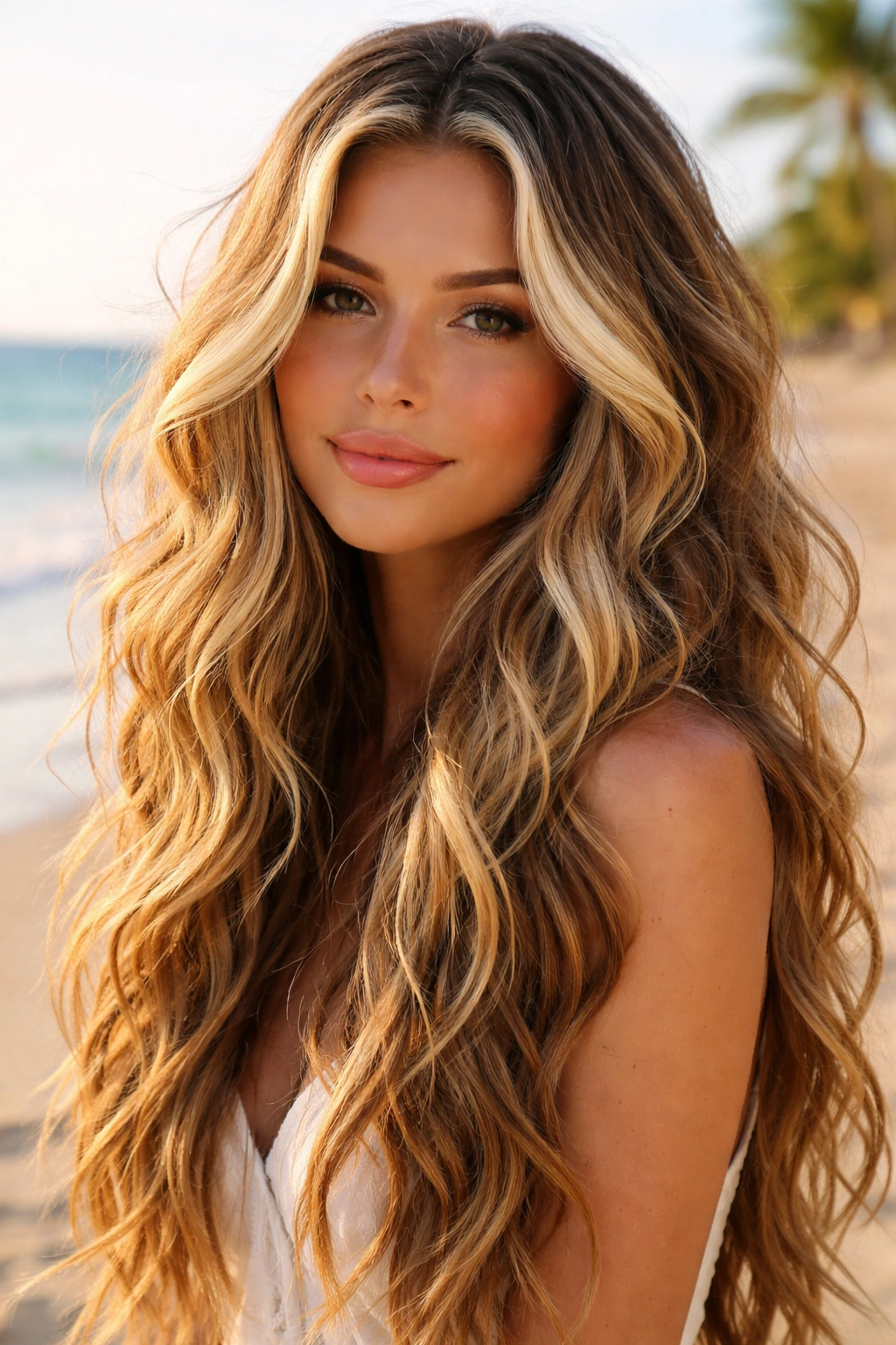 Textured beach waves with blonde money pieces framing the face