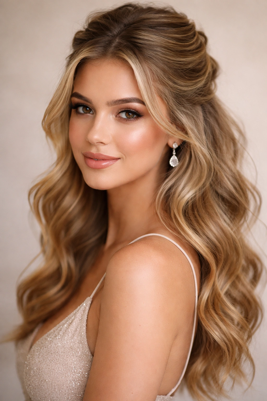 Textured waves in a half-up hairstyle showing crown volume