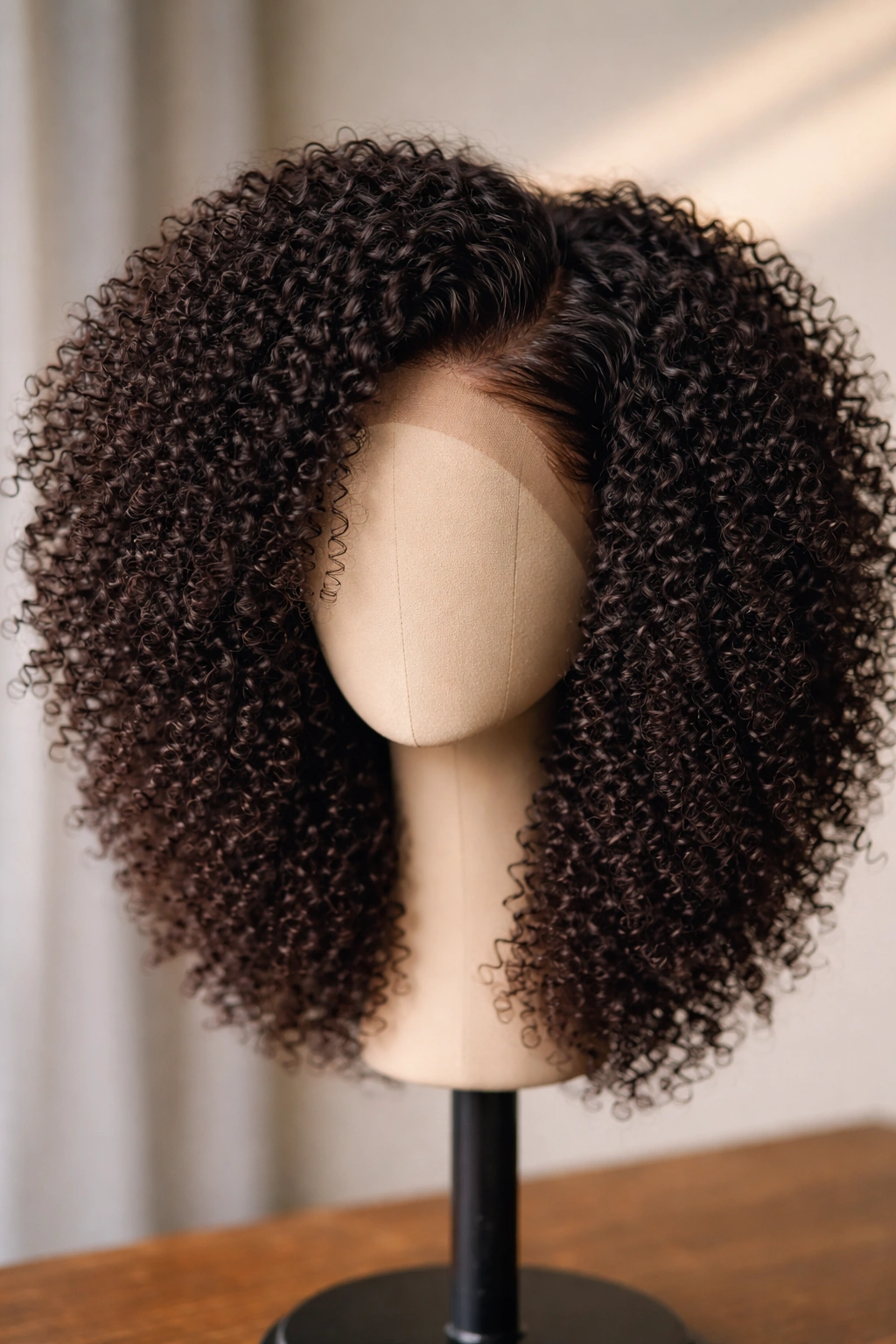Dense tight coils on a frontal wig displayed on a head form with dramatic lighting